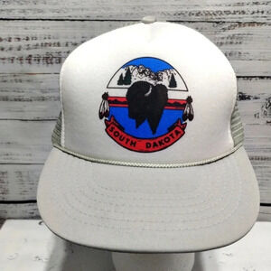 Vintage South Dakota Trucker Hat Snapback 90s Headmost USA Graphic Rope Cap Gray